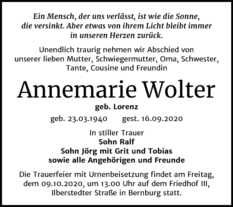  Traueranzeige für Annemarie Wolter vom 02.10.2020 aus Mitteldeutsche Zeitung Bernburg