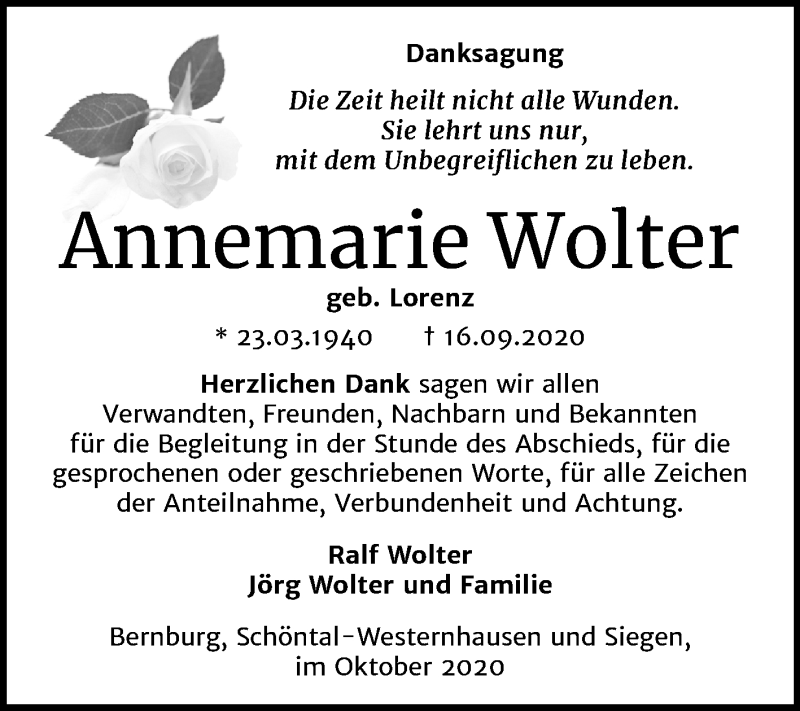  Traueranzeige für Annemarie Wolter vom 24.10.2020 aus Mitteldeutsche Zeitung Bernburg
