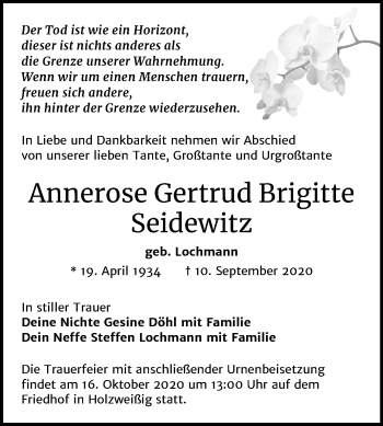 Traueranzeige von Annerose Gertrud Brigitte Seidewitz von Mitteldeutsche Zeitung Bitterfeld