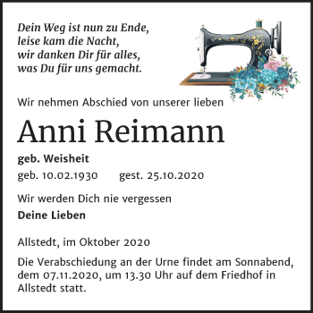 Traueranzeige von Anni Reimann von Mitteldeutsche Zeitung Sangerhausen