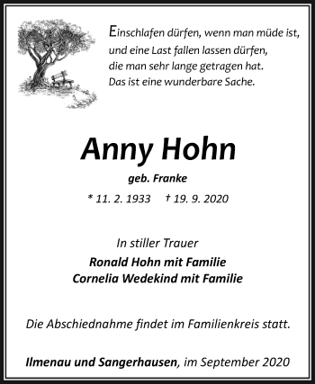 Traueranzeige von Anny Hohn von Mitteldeutsche Zeitung Sangerhausen