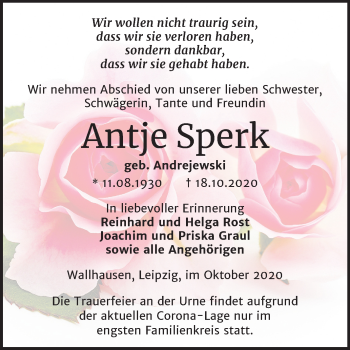 Traueranzeige von Antje Sperk von Mitteldeutsche Zeitung Sangerhausen