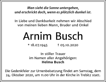 Traueranzeige von Arnim Busch von Mitteldeutsche Zeitung Halle/Saalkreis
