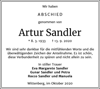 Traueranzeige von Artur Sandler von Super Sonntag Wittenberg