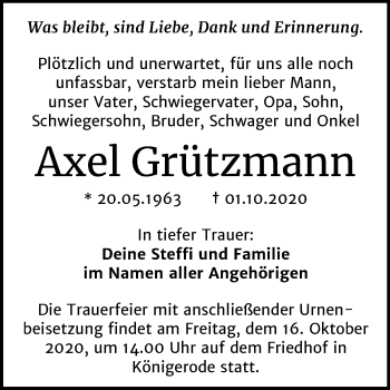 Traueranzeige von Axel Grützmann von Super Sonntag Quedlinburg