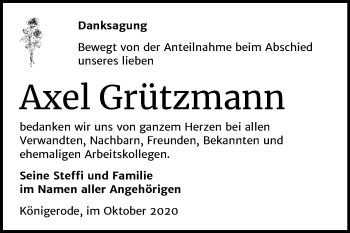 Traueranzeige von Axel Grützmann von Super Sonntag Quedlinburg