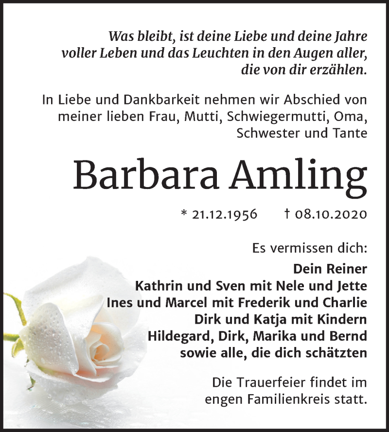  Traueranzeige für Barbara Amling vom 17.10.2020 aus Mitteldeutsche Zeitung Weißenfels
