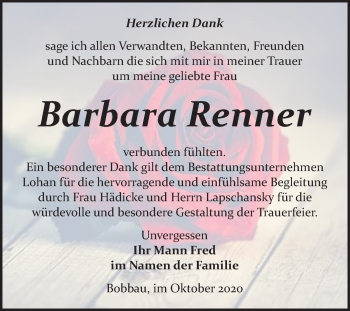 Traueranzeige von Barbara Renner von Wochenspiegel Bitterfeld