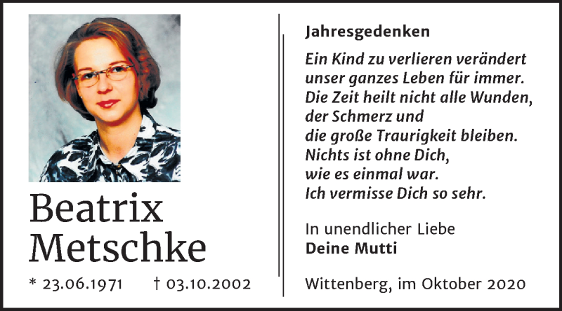  Traueranzeige für Beatrix Metschke vom 02.10.2020 aus Mitteldeutsche Zeitung Wittenberg