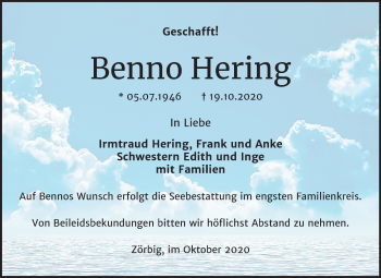 Traueranzeige von Benno Hering von Wochenspiegel Bitterfeld
