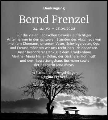 Traueranzeige von Bernd Frenzel von Mitteldeutsche Zeitung Halle/Saalkreis