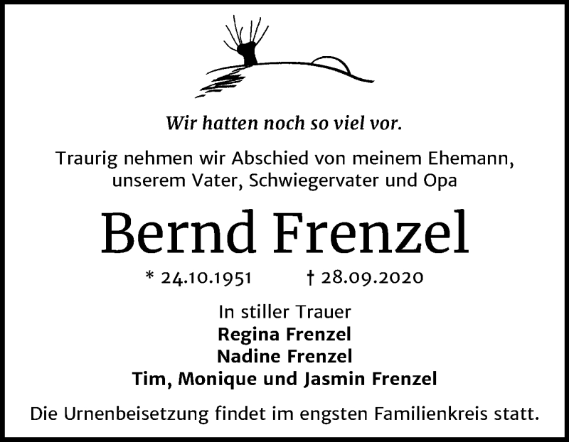  Traueranzeige für Bernd Frenzel vom 02.10.2020 aus Mitteldeutsche Zeitung Halle/Saalkreis