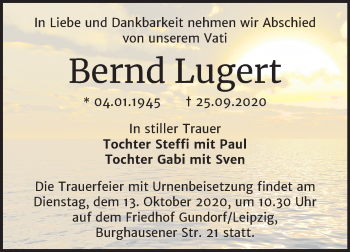 Traueranzeige von Bernd Lugert von Super Sonntag Bernburg