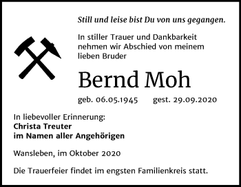 Traueranzeige von Bernd Moh von Mitteldeutsche Zeitung Mansfelder Land