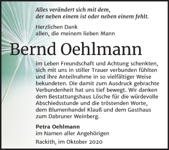 Traueranzeige von Bernd Oehlmann von Mitteldeutsche Zeitung Wittenberg