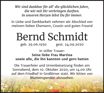 Traueranzeige von Bernd Schmidt von Super Sonntag Mansfelder Land