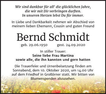 Traueranzeige von Bernd Schmidt von Mitteldeutsche Zeitung Mansfelder Land
