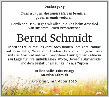 Traueranzeige von Bernd Schmidt von Super Sonntag Mansfelder Land