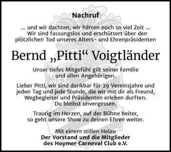 Traueranzeige von Bernd Voigtländer von Super Sonntag Aschersleben