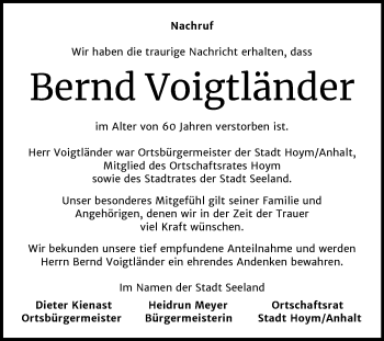 Traueranzeige von Bernd Voigtländer von Super Sonntag Aschersleben