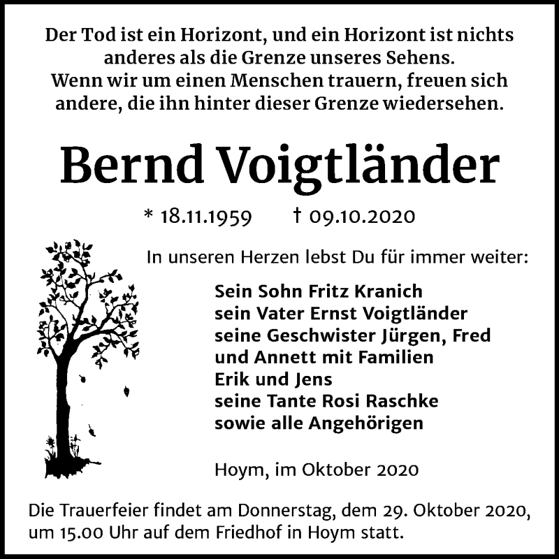  Traueranzeige für Bernd Voigtländer vom 17.10.2020 aus Mitteldeutsche Zeitung Aschersleben