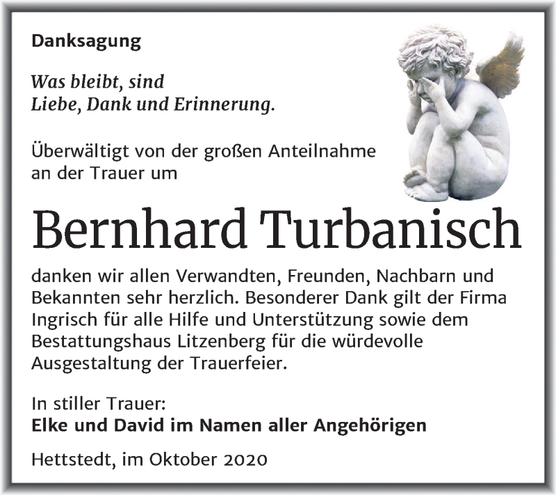 Traueranzeige für Bernhard Turbanisch vom 24.10.2020 aus Super Sonntag Mansfelder Land