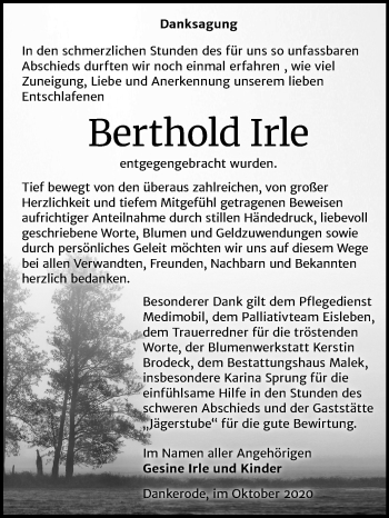 Traueranzeige von Berthold Irle von Super Sonntag Quedlinburg