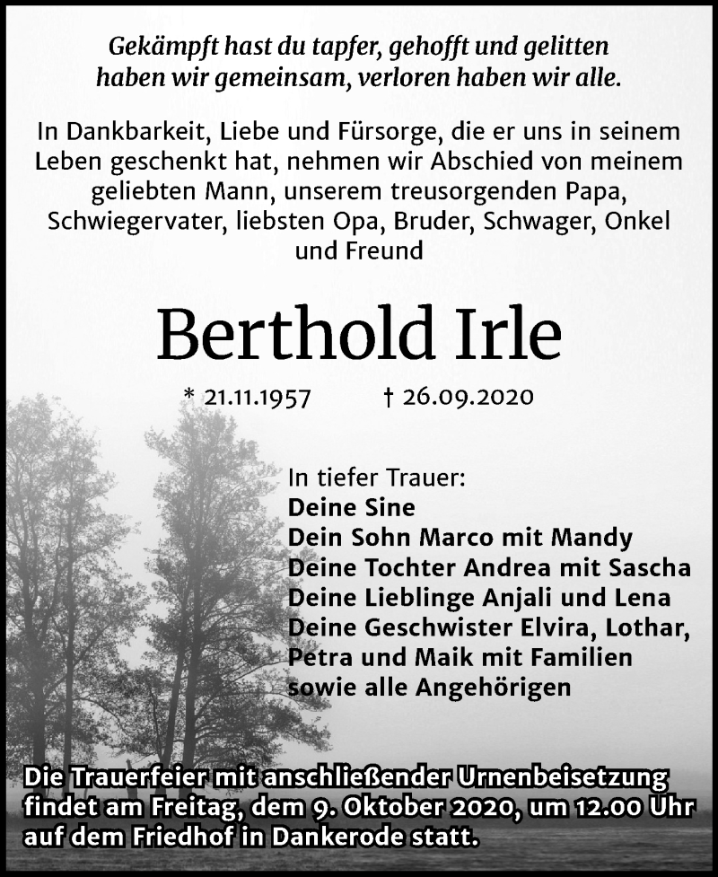  Traueranzeige für Berthold Irle vom 02.10.2020 aus Super Sonntag Quedlinburg