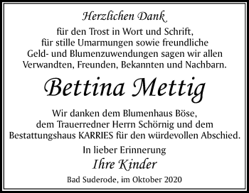 Traueranzeige von Bettina Mettig von Mitteldeutsche Zeitung Quedlinburg
