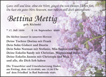 Traueranzeige von Bettina Mettig von Mitteldeutsche Zeitung Quedlinburg