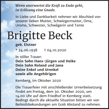 Traueranzeige von Brigitte Beck von Super Sonntag Wittenberg