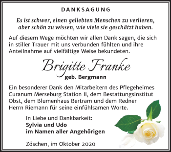 Traueranzeige von Brigitte Franke von Mitteldeutsche Zeitung Merseburg/Querfurt