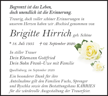 Traueranzeige von Brigitte Hirrich von Mitteldeutsche Zeitung Quedlinburg