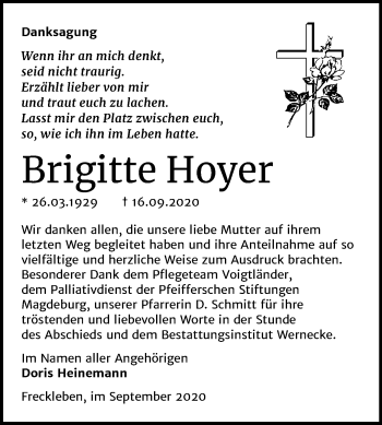 Traueranzeige von Brigitte Hoyer von Mitteldeutsche Zeitung Aschersleben
