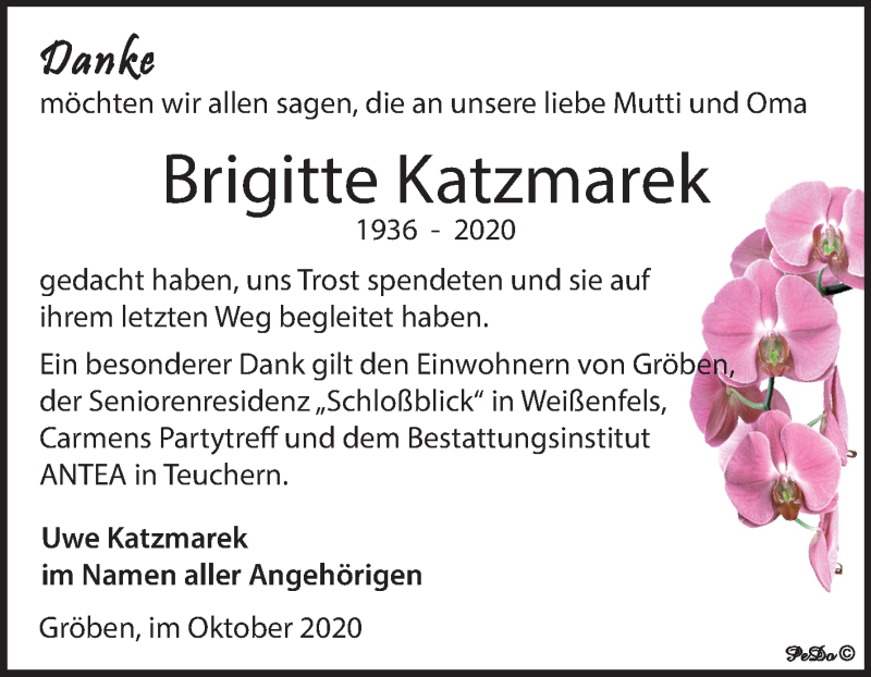  Traueranzeige für Brigitte Katzmarek vom 28.10.2020 aus Wochenspiegel Weißenfels