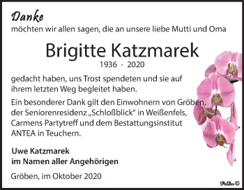 Traueranzeige von Brigitte Katzmarek von Mitteldeutsche Zeitung Weißenfels