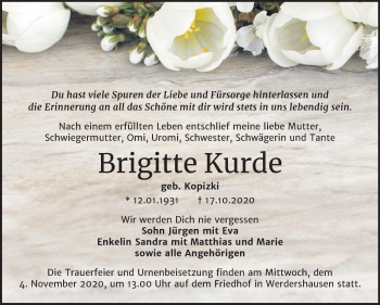 Traueranzeige von Brigitte Kurde von Mitteldeutsche Zeitung Köthen