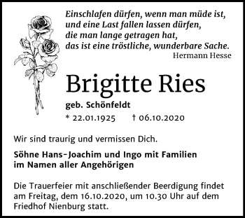 Traueranzeige von Brigitte Ries von Super Sonntag Bernburg