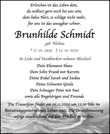 Traueranzeige von Brunhilde Schmidt von Wochenspiegel Bitterfeld