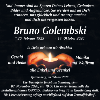 Traueranzeige von Bruno Golembski von Super Sonntag Quedlinburg