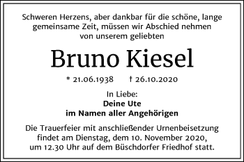 Traueranzeige von Bruno Kiesel von Mitteldeutsche Zeitung Halle/Saalkreis