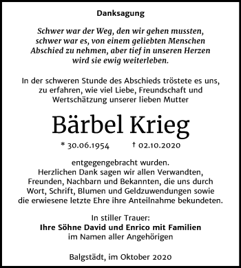 Traueranzeige von Bärbel Krieg von Wochenspiegel Naumburg/Nebra