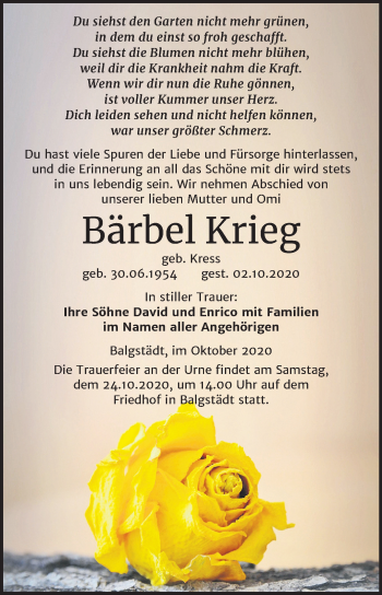 Traueranzeige von Bärbel Krieg von Wochenspiegel Naumburg/Nebra