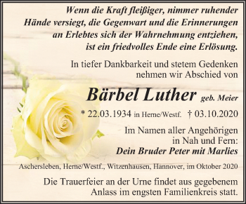 Traueranzeige von Bärbel Luther von Mitteldeutsche Zeitung Aschersleben