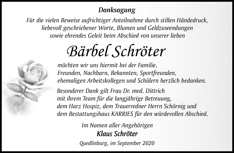  Traueranzeige für Bärbel Schröter vom 02.10.2020 aus Mitteldeutsche Zeitung Quedlinburg