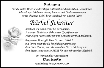 Traueranzeige von Bärbel Schröter von Mitteldeutsche Zeitung Quedlinburg
