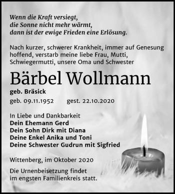 Traueranzeige von Bärbel Wollmann von Mitteldeutsche Zeitung Wittenberg