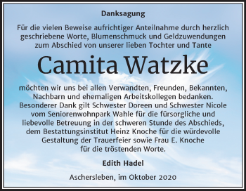 Traueranzeige von Camita Watzke von Super Sonntag Aschersleben
