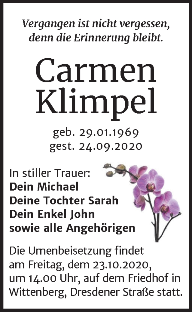  Traueranzeige für Carmen Klimpel vom 17.10.2020 aus Mitteldeutsche Zeitung Wittenberg