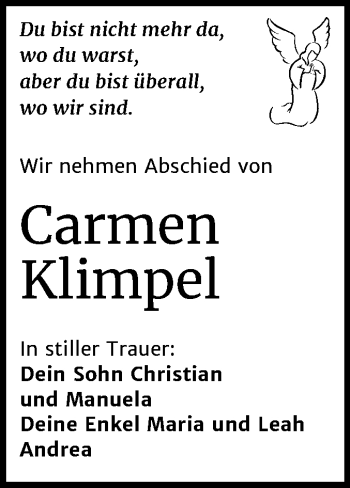 Traueranzeige von Carmen Klimpel von Mitteldeutsche Zeitung Wittenberg